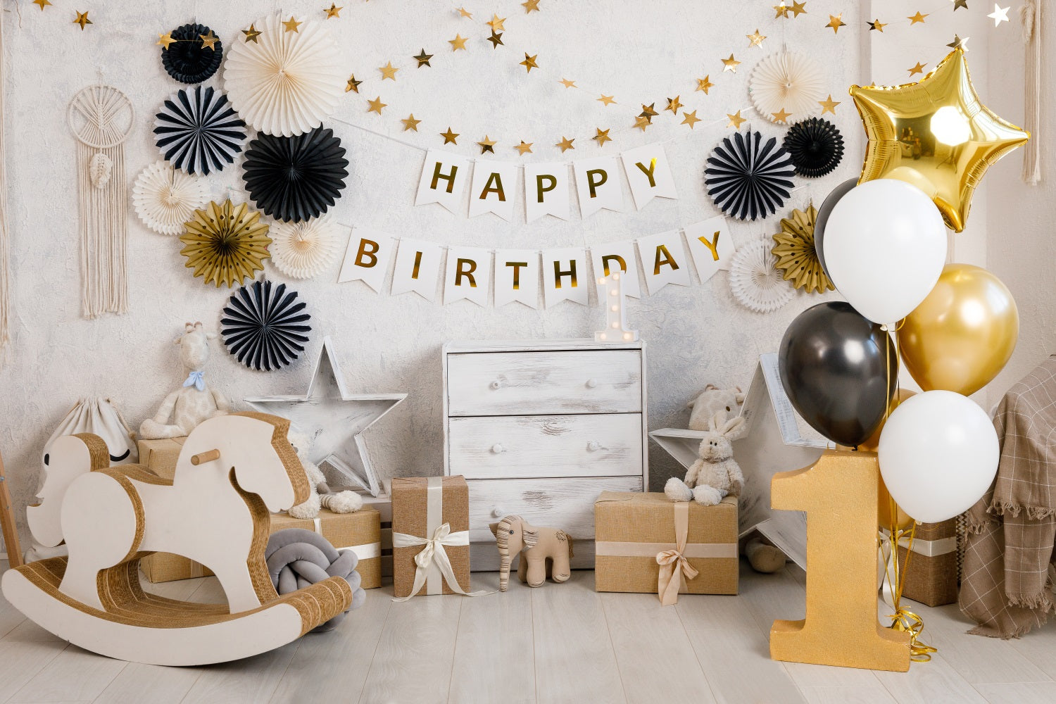 1st Birthday Party Gold Luftballons Backdrop RR5-35