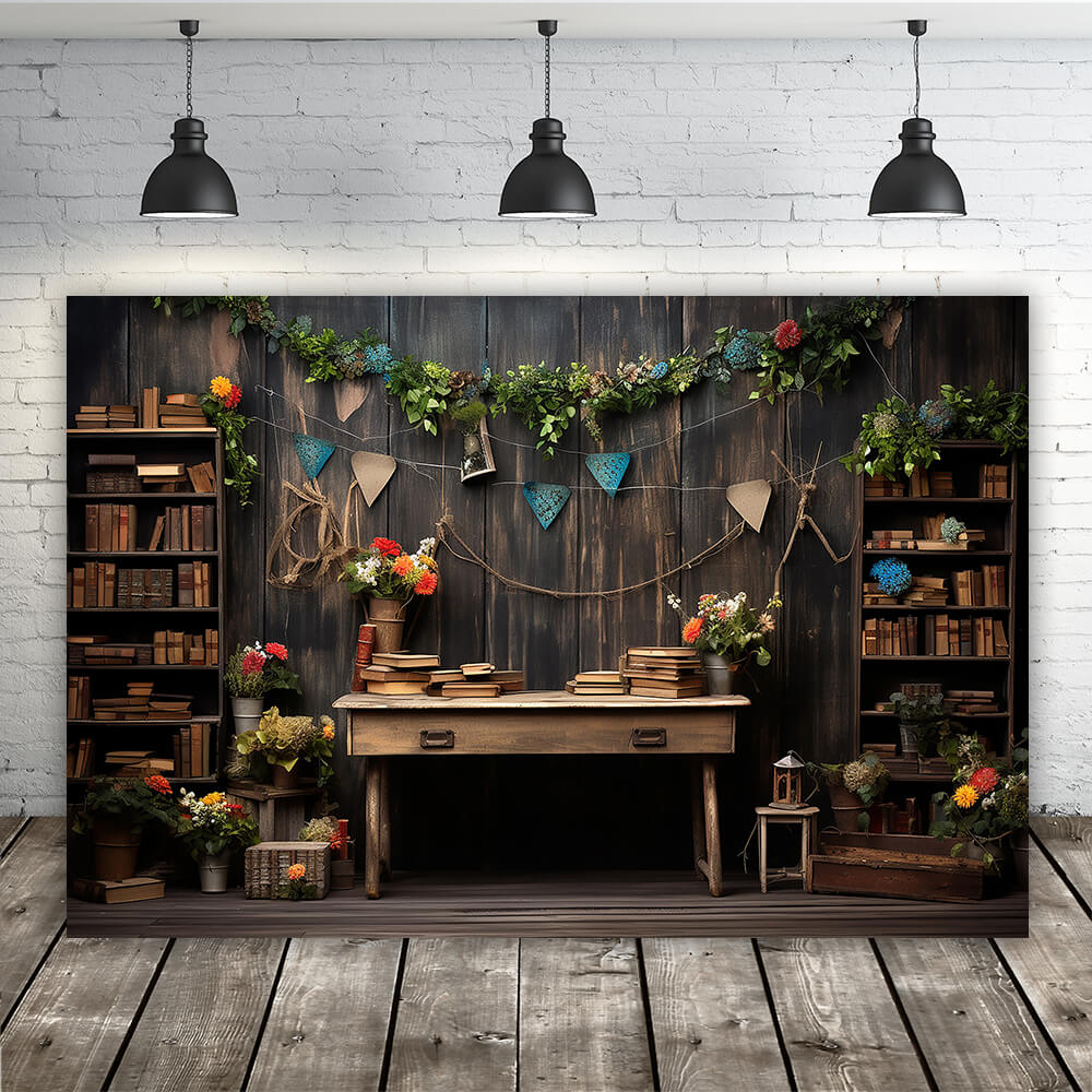 Back to School Bücherregal Holz Fotografie Hintergrund RR6-33