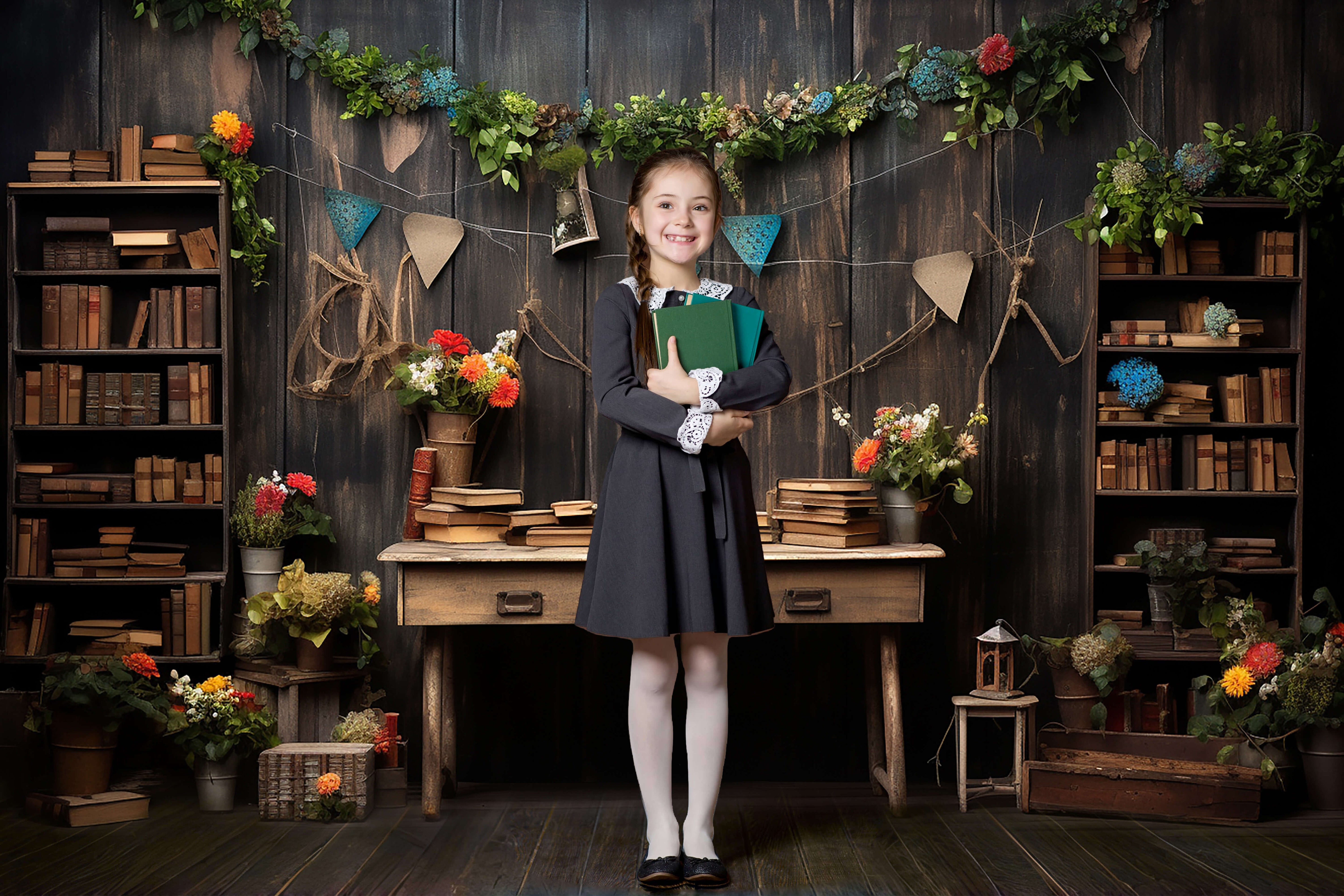 Back to School Bücherregal Holz Fotografie Hintergrund RR6-33