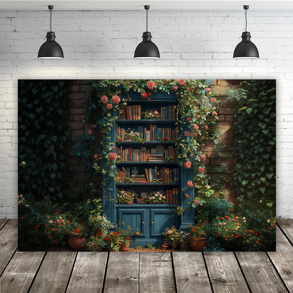 Bücherregal in Blumen Back to School Fotografie Hintergrund RR6-35