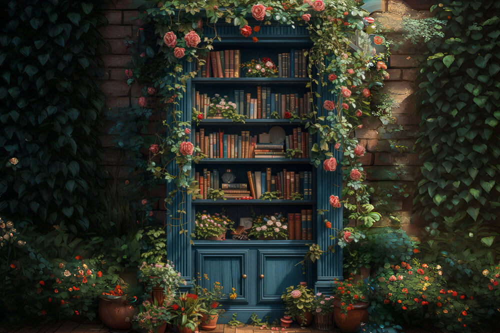 Bücherregal in Blumen Back to School Fotografie Hintergrund RR6-35
