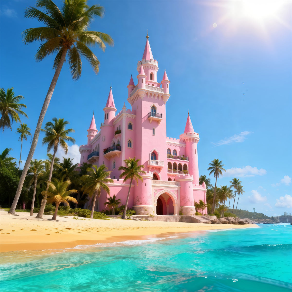 Strand-Hintergründe Rosa Schloss Palmen Sommer-Fotografie-Hintergrund RR61-11
