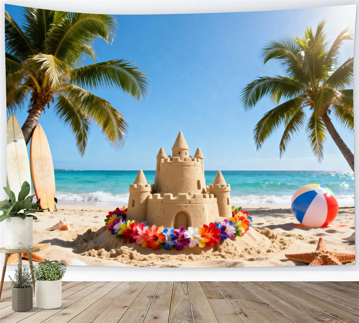 Strand-Hintergrund Bunte Sandburg Blumen Sommer-Hintergrund RR61-12