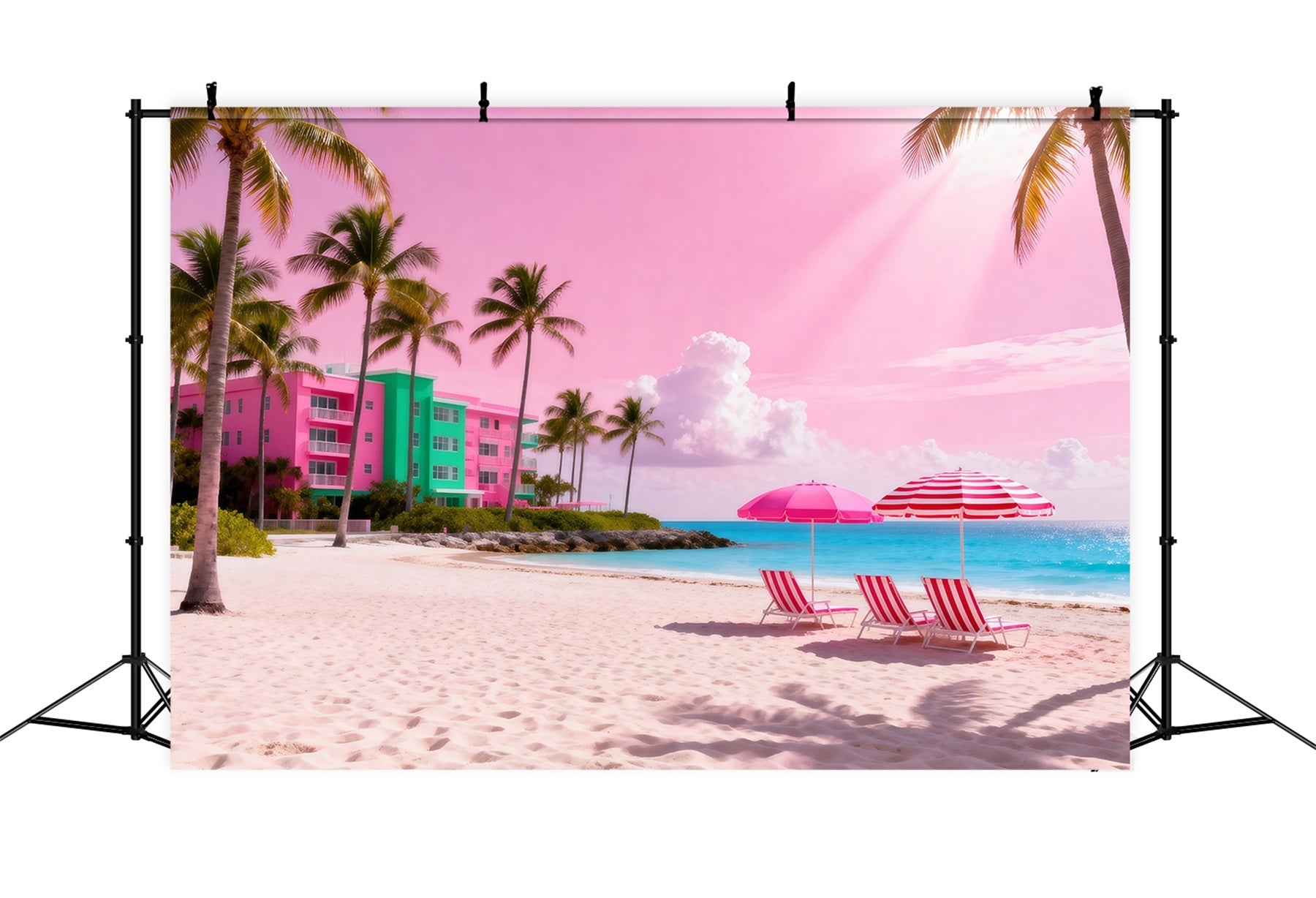 Fotohintergrund zum Thema Strand Rosa Sonnenschirm Rückzugsort Sommerhintergrund RR61-16