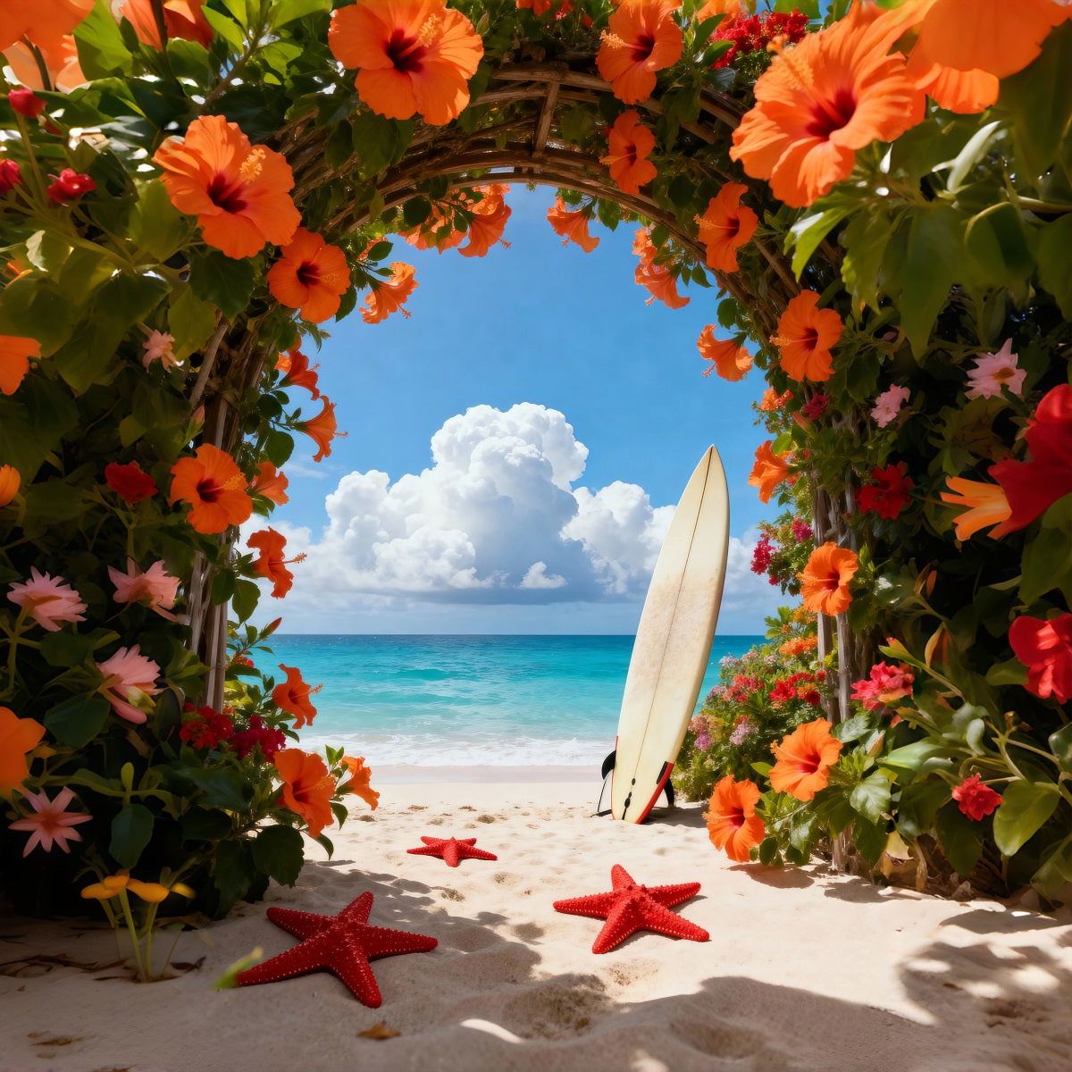 Tropischer Strand-Fotohintergrund Blumenbogen Seestern-Weg Sommerhintergrund RR61-17