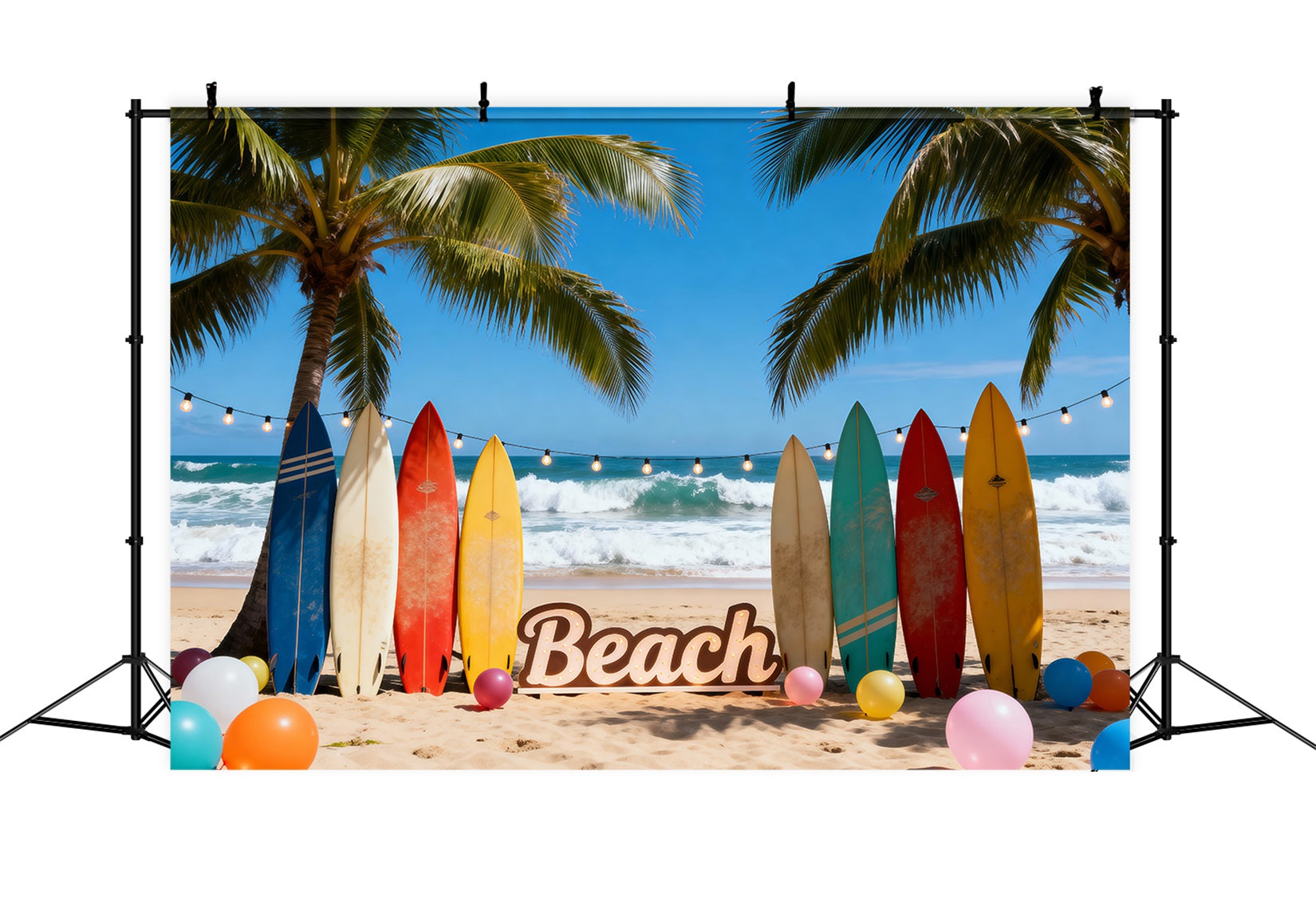 Hawaii-Strandkulisse Bunte Surfbretter Luftballons Lustige Sommerkulissen-Ideen RR61-20