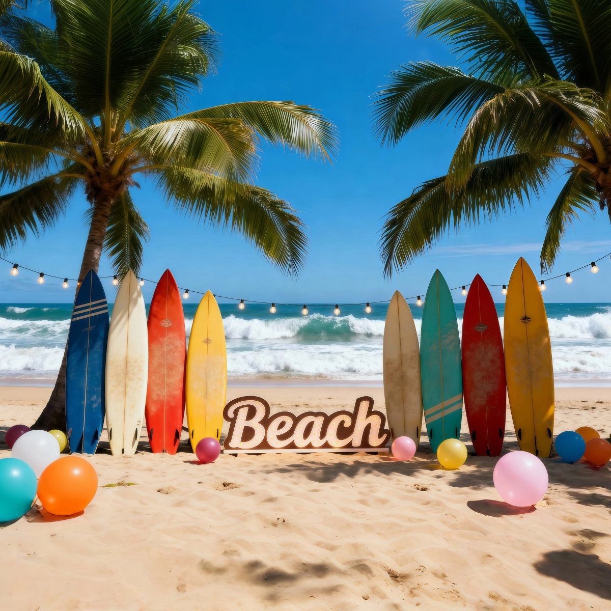 Hawaii-Strandkulisse Bunte Surfbretter Luftballons Lustige Sommerkulissen-Ideen RR61-20