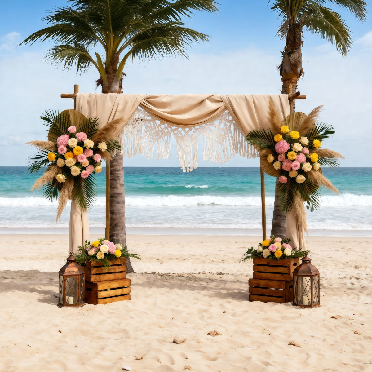 Ozeanstrandkulisse Boho-Hochzeit Blumenbogen Sommerkulissen Fotografie RR61-24