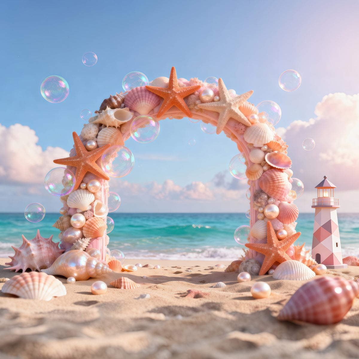 Hintergründe mit Strandmotiv Muschelbogen Leuchtturm Sommer-Hintergründe für Fotos RR61-25