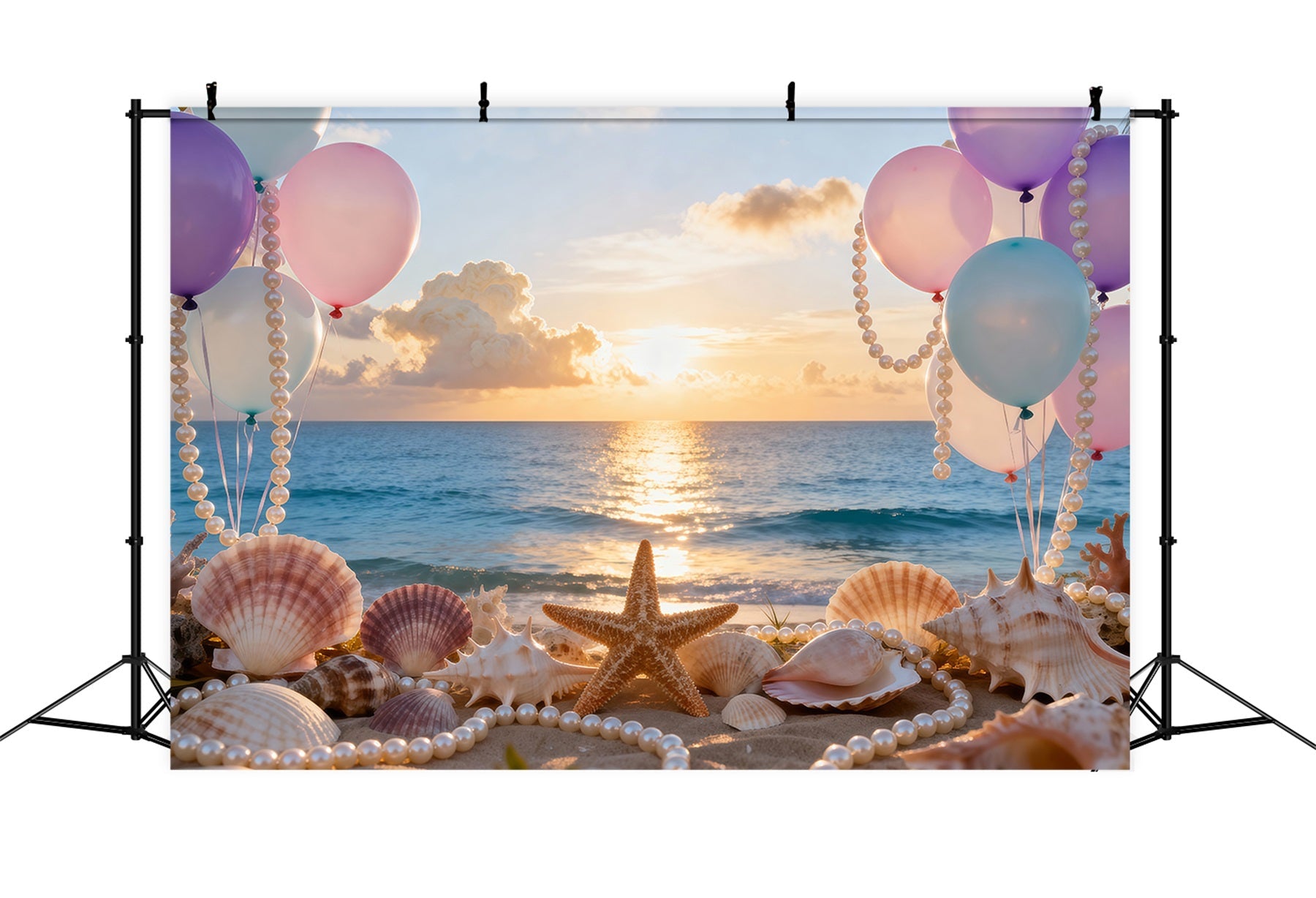 Strandfoto-Hintergrund Ballons Muschel Sonnenuntergang Sommer-Hintergründe RR61-29