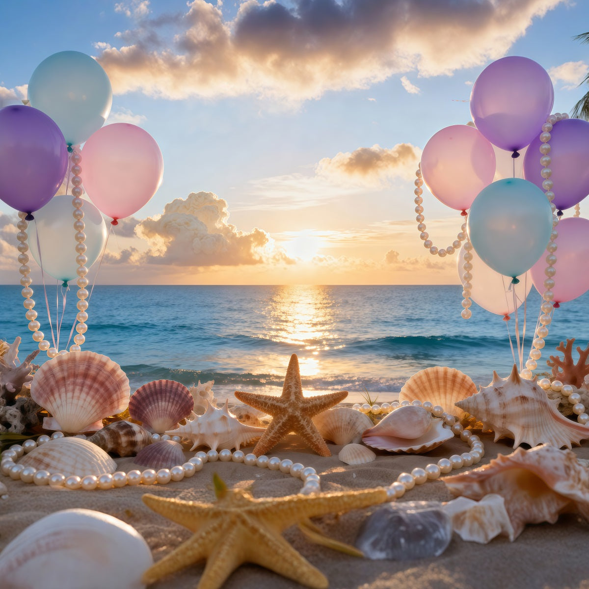 Strandfoto-Hintergrund Ballons Muschel Sonnenuntergang Sommer-Hintergründe RR61-29