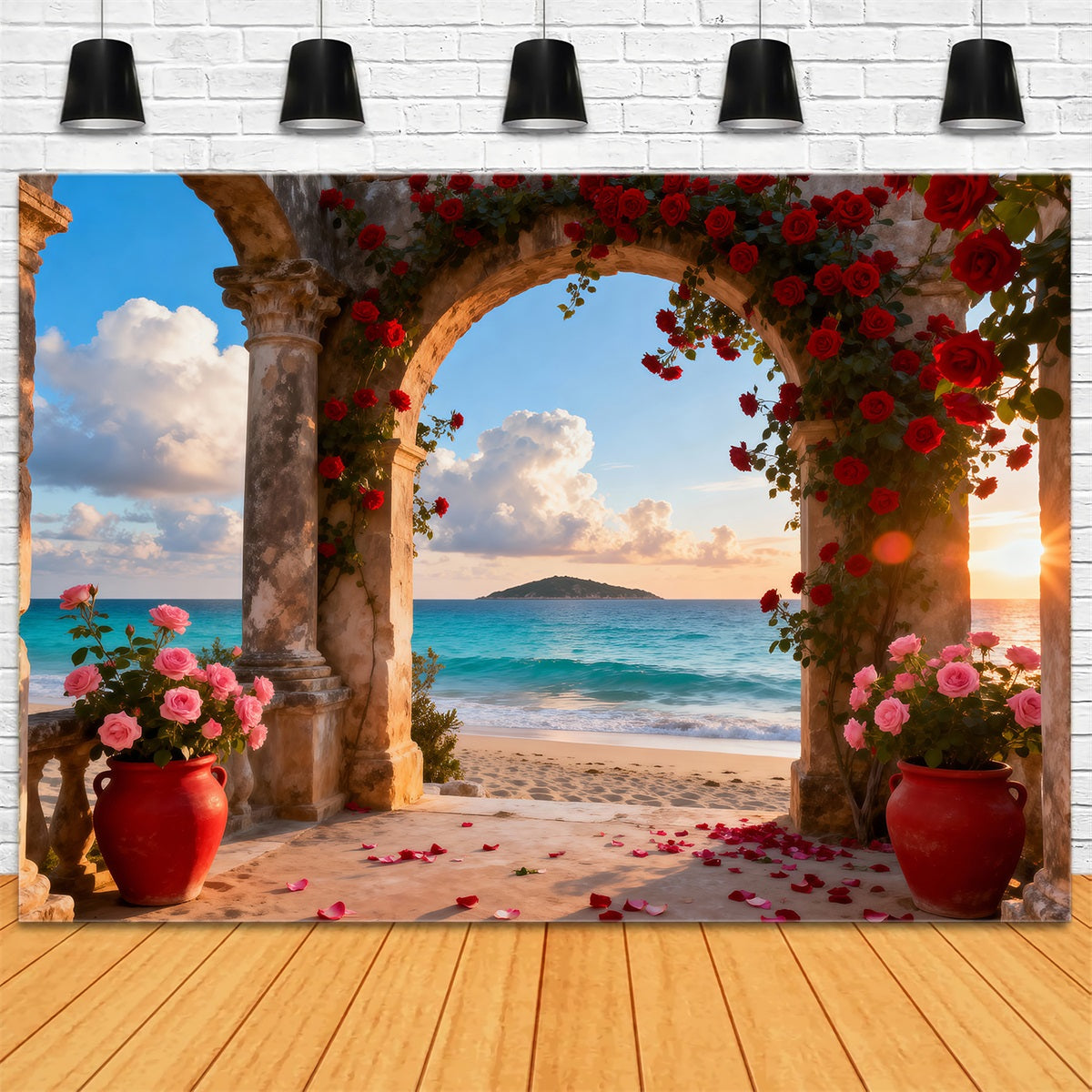 Strandhintergründe Romantischer Rosenbogen Ozean Sommer-Foto-Hintergrund RR61-30
