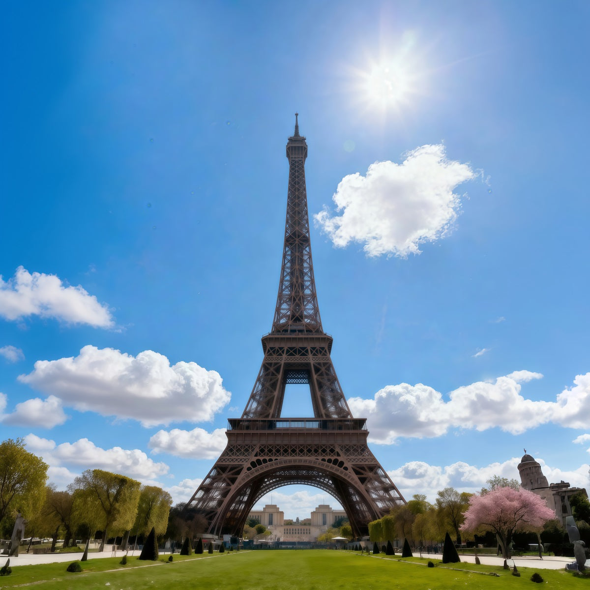 Großer Eiffelturm-Hintergrund Blauer Himmel Sonnendurchflutetes Wahrzeichen Paris-Fotohintergrund RR61-40