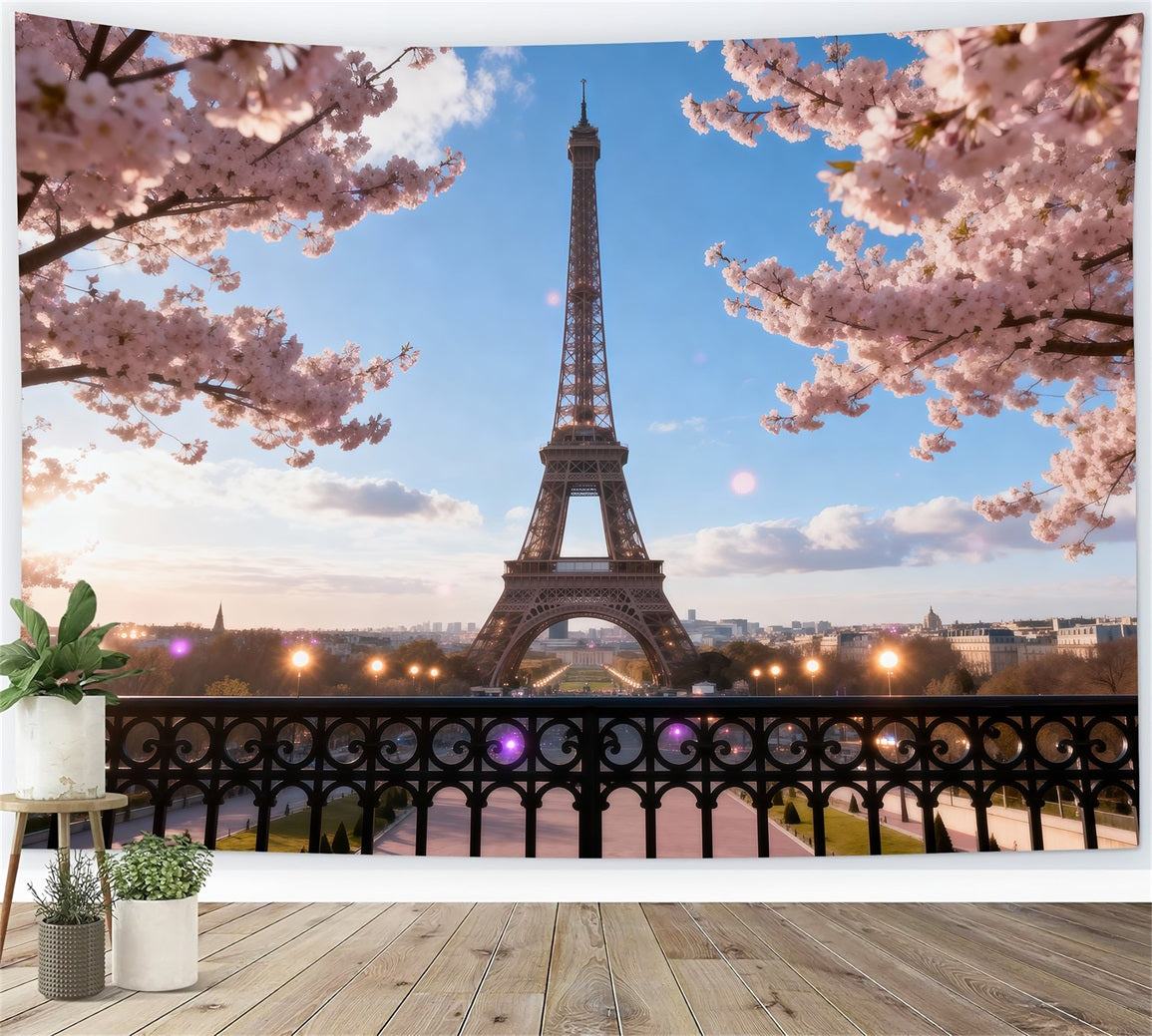 Mitternacht in Paris-Kulisse Kirschblüten Balkon Dämmerung Eiffelturm-Kulisse RR61-46