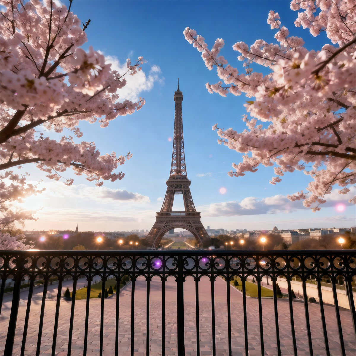 Mitternacht in Paris-Kulisse Kirschblüten Balkon Dämmerung Eiffelturm-Kulisse RR61-46