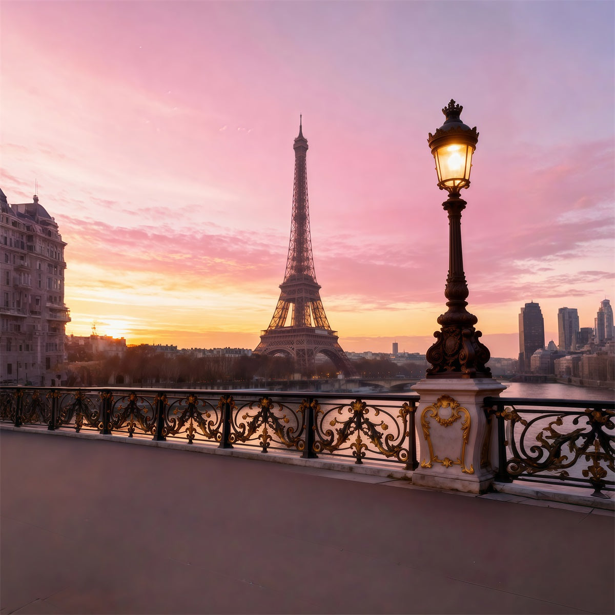 Paris-Fotohintergründe Sonnenuntergang Lampe Brücke Romantik Eiffelturm-Fotohintergrund RR61-47