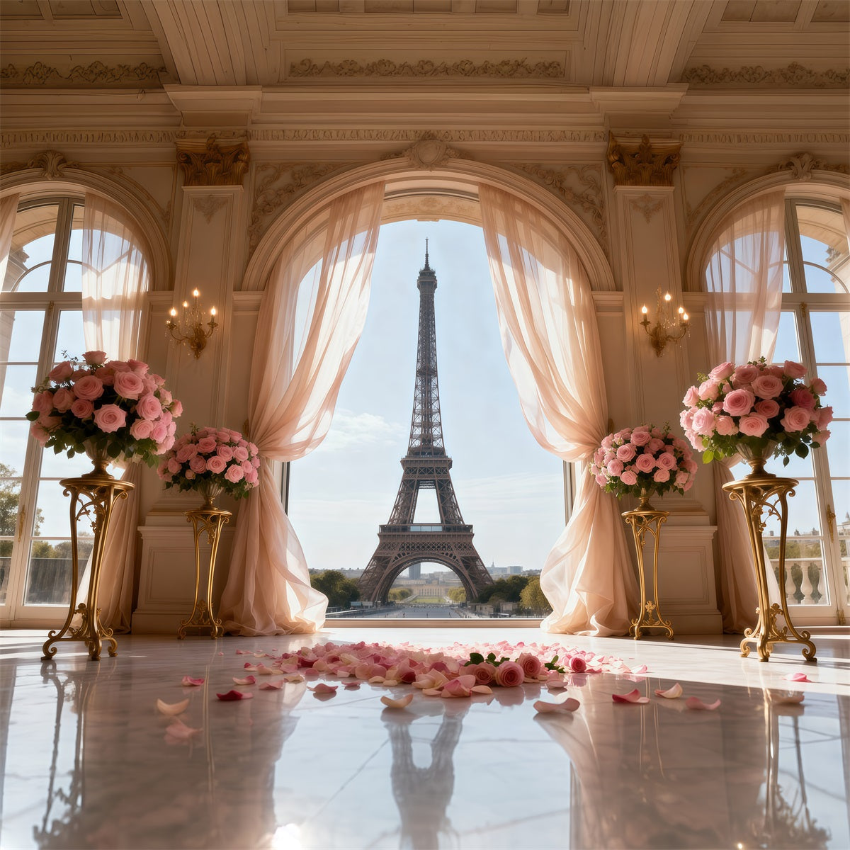 Paris-Themen-Fotohintergrund Palastfenster Rose Zeremonie Eiffelturm-Fotohintergrund RR61-50