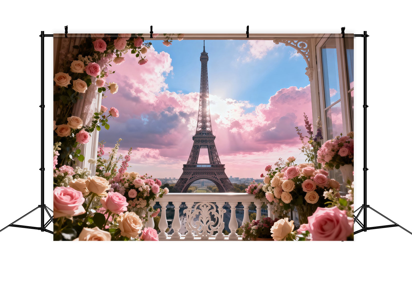 Paris-Fotohintergrund Pastell Balkon Garten Himmel Eiffelturm-Fotohintergrund RR61-53