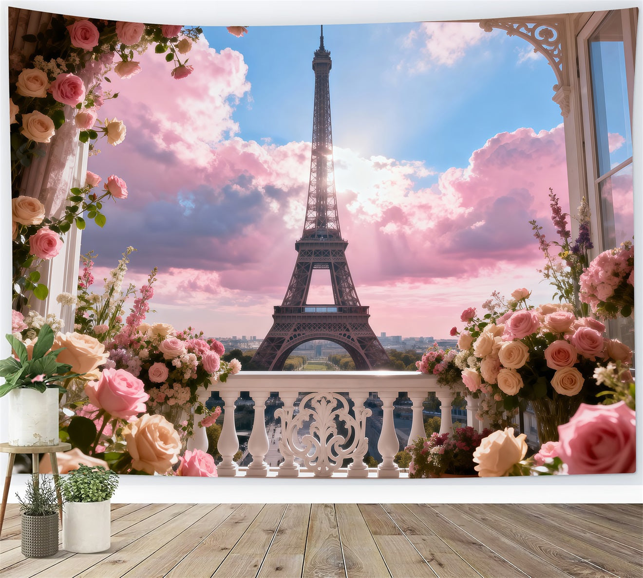 Paris-Fotohintergrund Pastell Balkon Garten Himmel Eiffelturm-Fotohintergrund RR61-53