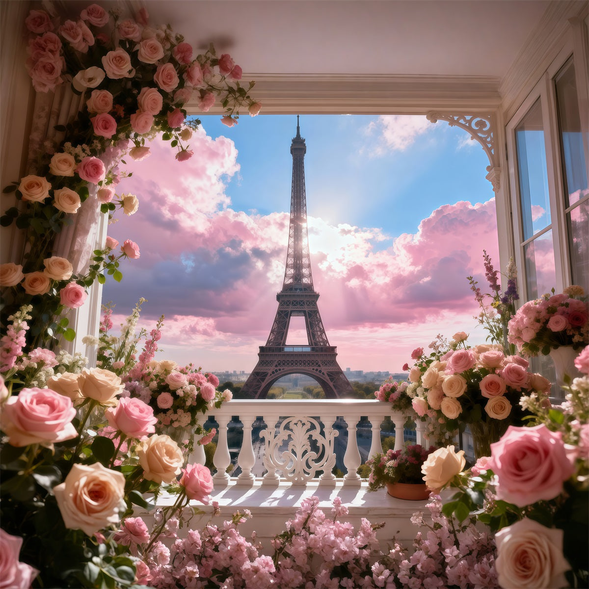 Paris-Fotohintergrund Pastell Balkon Garten Himmel Eiffelturm-Fotohintergrund RR61-53
