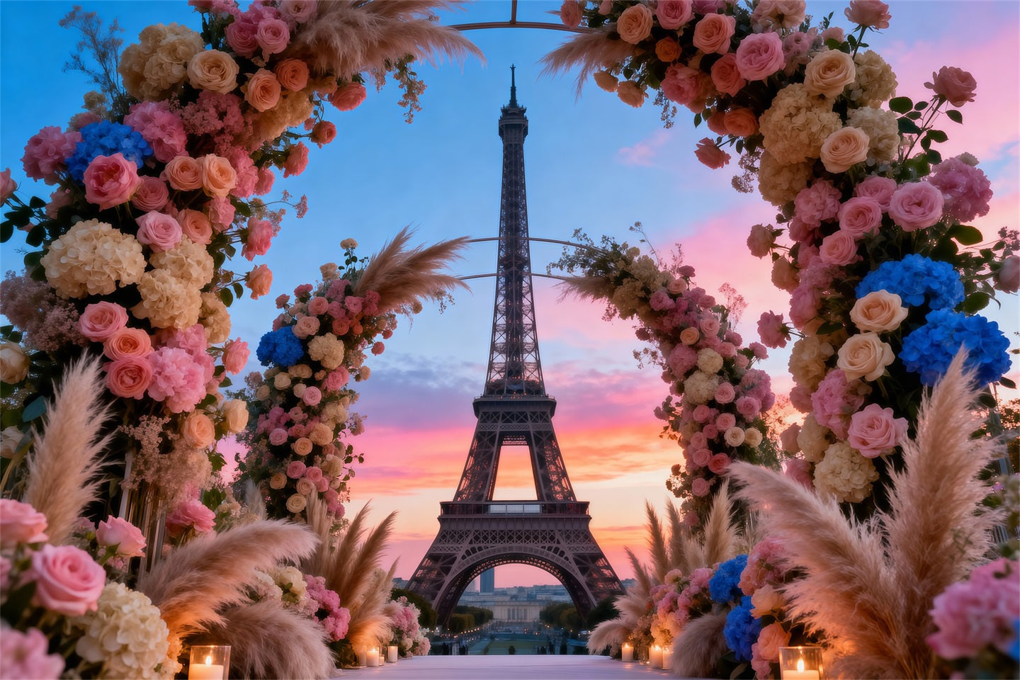 Kulisse mit Paris-Motiv Großer Blumenbogen im Boho-Stil Eiffelturm-Fotokulisse RR61-56