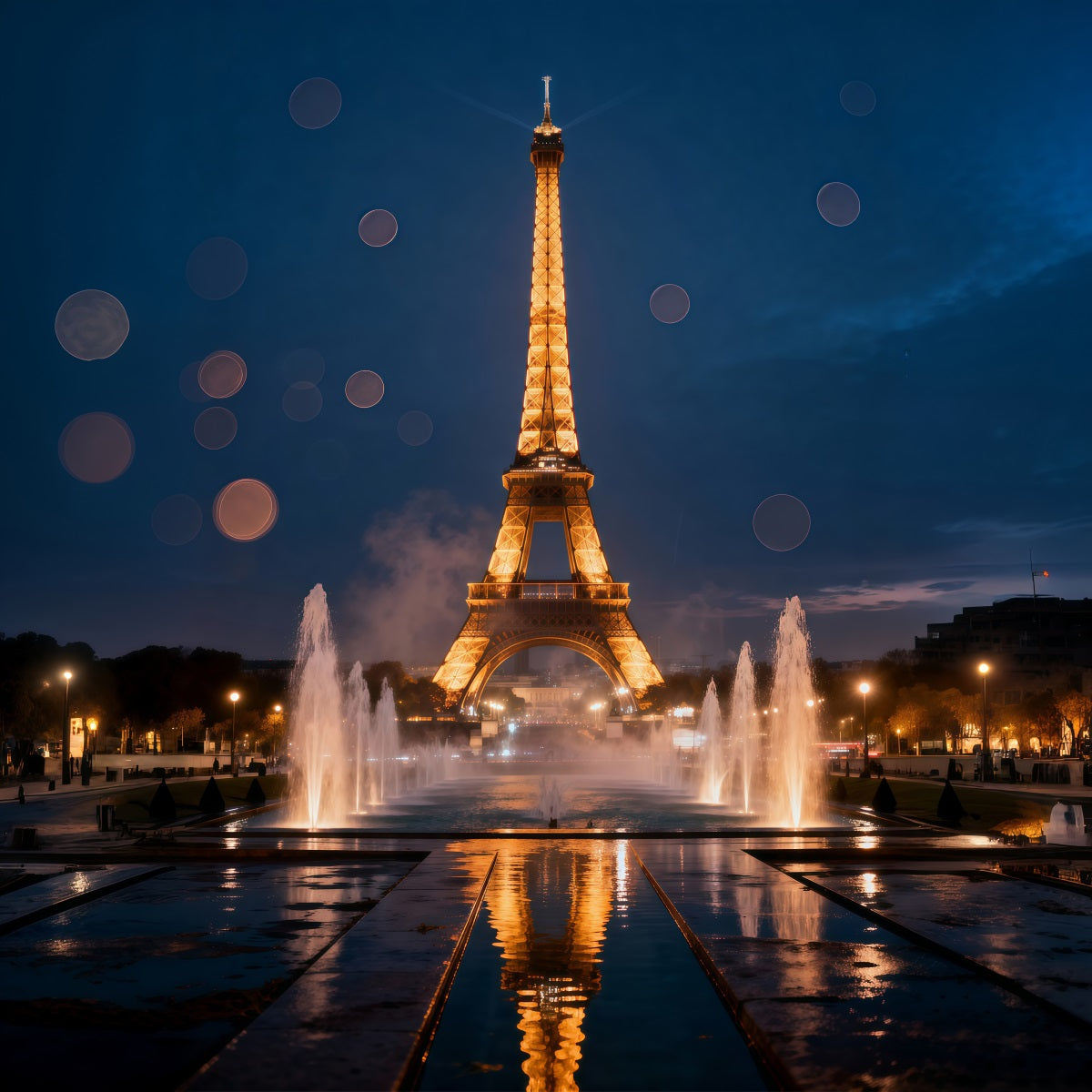 Paris-Fotohintergrund Mitternachtsbrunnen Goldene Reflexion Eiffelturm-Hintergründe RR61-58