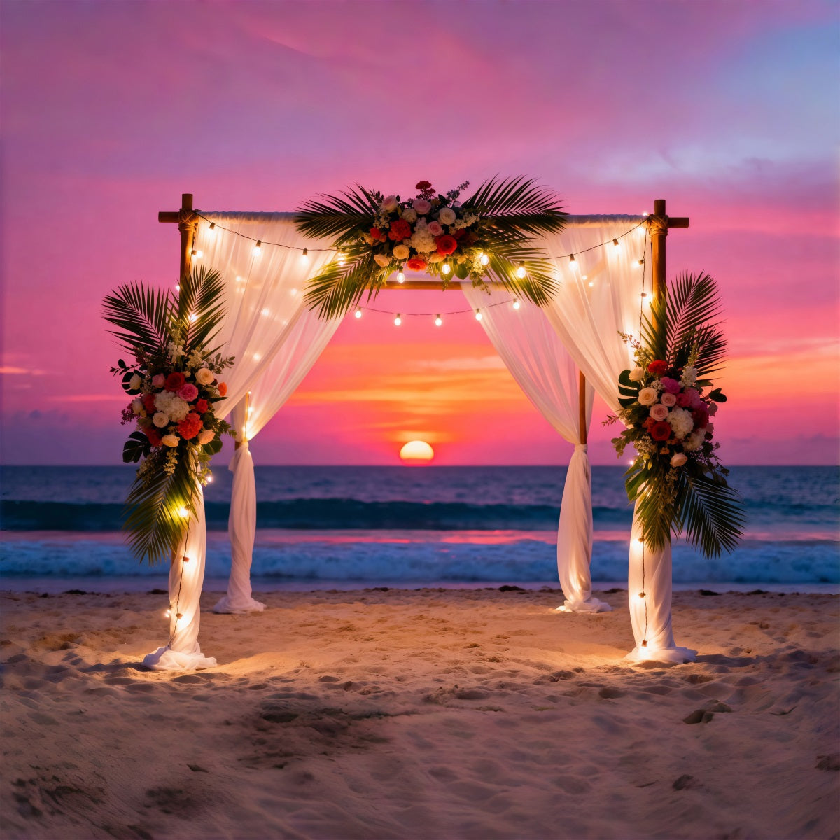 Sonnenuntergang am Strand Hintergrund Hochzeitsblumenbogen Vorhänge Sommer-Fotokabinenhintergrund RR61-6