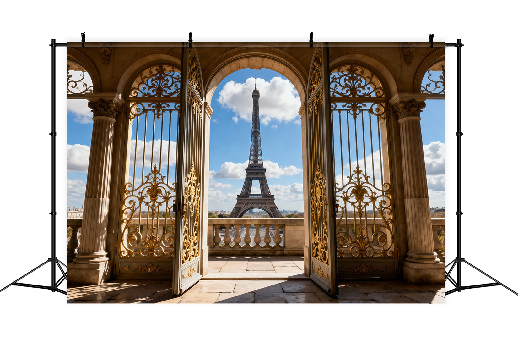Hintergrund mit Paris-Motiv Goldener Palast Torbogen Balkonblick Eiffelturm-Hintergründe RR61-62