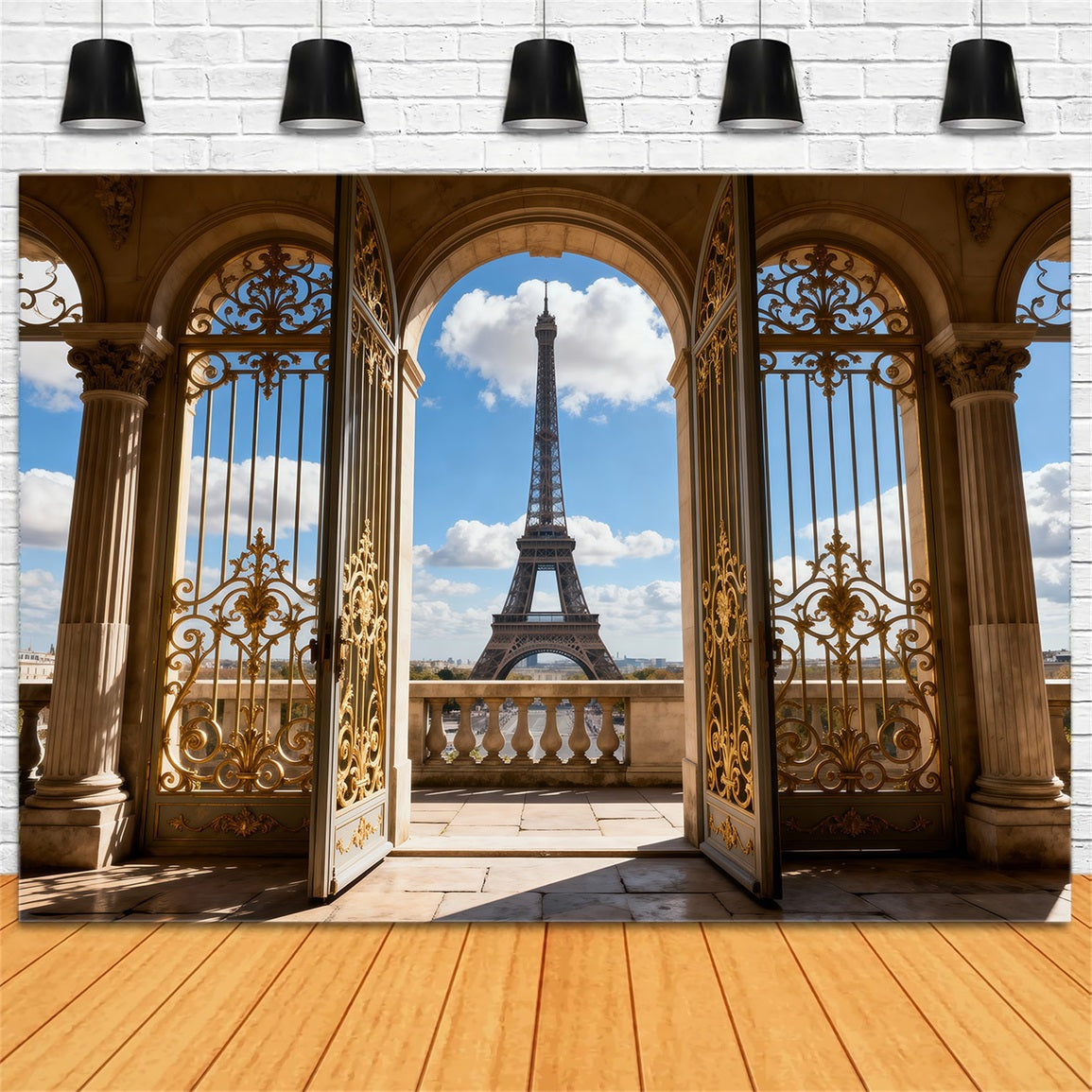 Hintergrund mit Paris-Motiv Goldener Palast Torbogen Balkonblick Eiffelturm-Hintergründe RR61-62