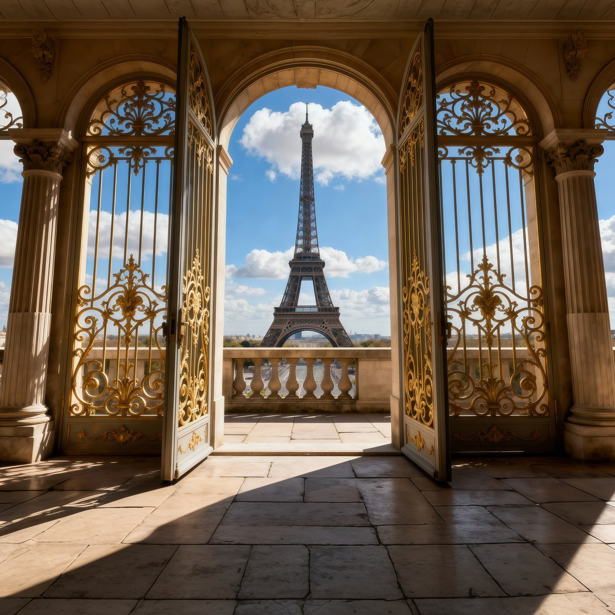 Hintergrund mit Paris-Motiv Goldener Palast Torbogen Balkonblick Eiffelturm-Hintergründe RR61-62