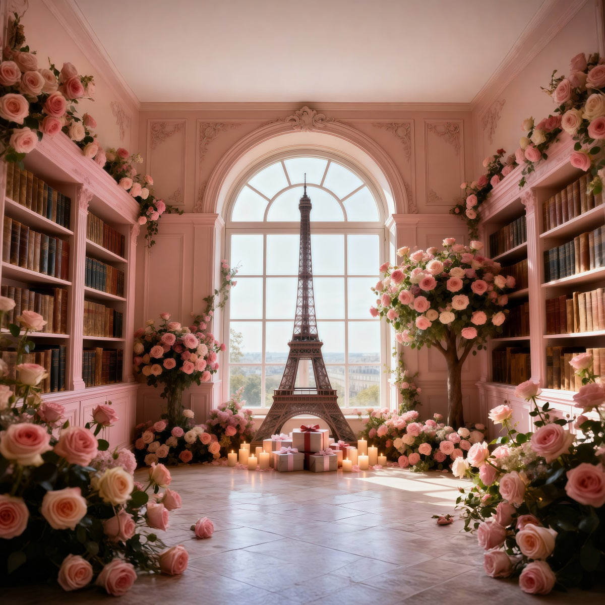 Hintergründe mit Paris-Motiv Rosenbibliothek Fenster Romantik Eiffelturm-Hintergründe RR61-64