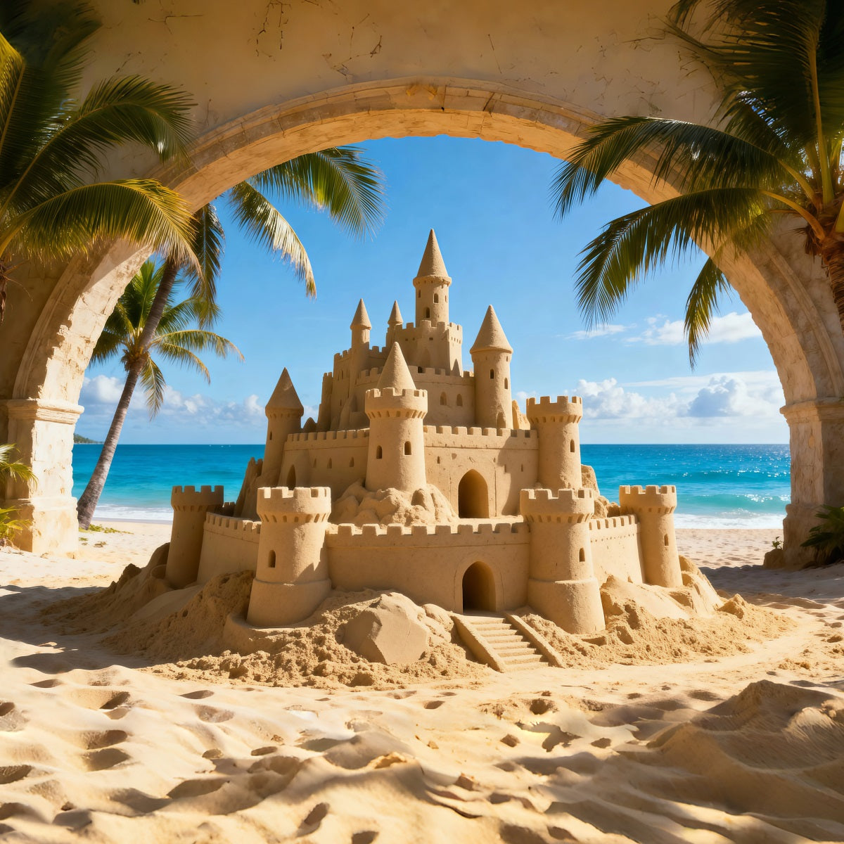 Strand-Sand-Hintergrund Tropische Sandburg Meerblick Sommer-Themenhintergrund RR61-7