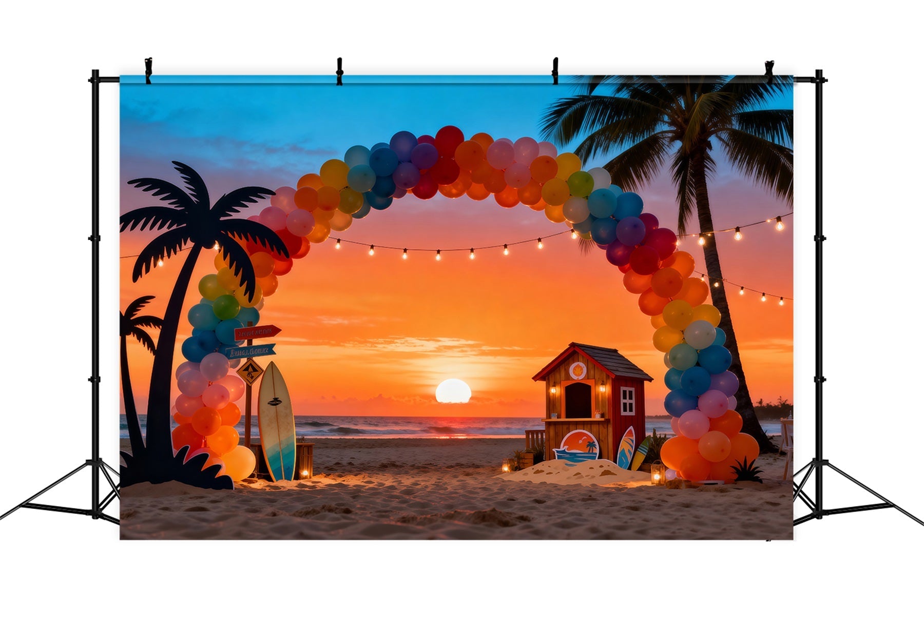Strand-Sonnenuntergang-Hintergrund Ballonbogen Palmen Sommer-Themenhintergrund RR61-8