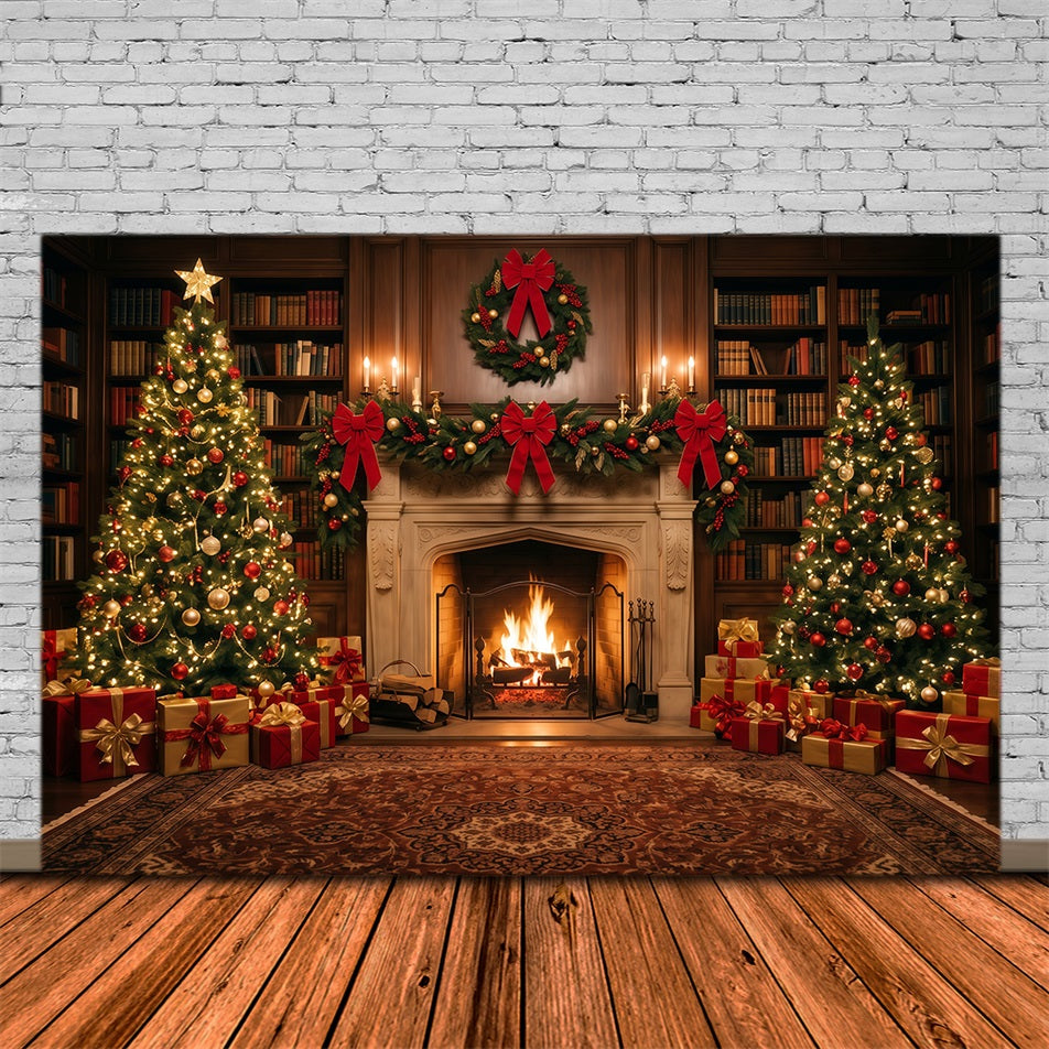 Weihnachtlicher Fotohintergrund Verzierte Bibliothek Kamin-Dekoration RR610-101