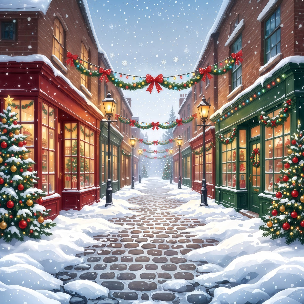 Weihnachtsdorf-Hintergrund Verschneite Dekorierte Einkaufsstraße RR610-103