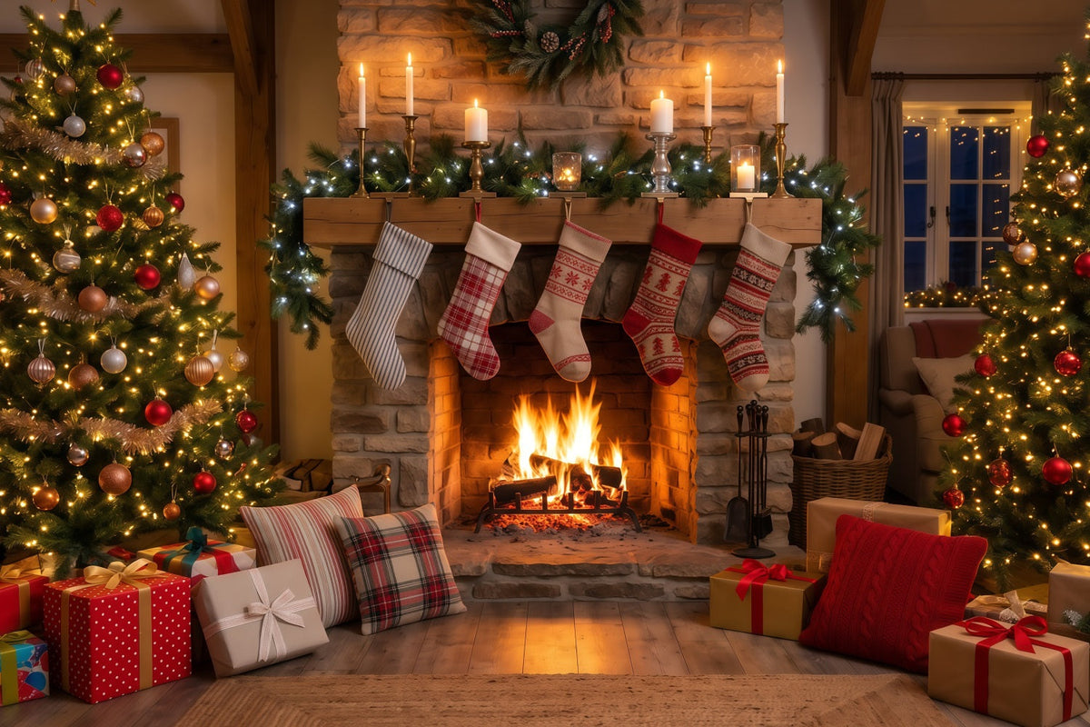 Weihnachtskamin-Hintergrund Rustikale Hängende Weihnachtssocken RR610-104