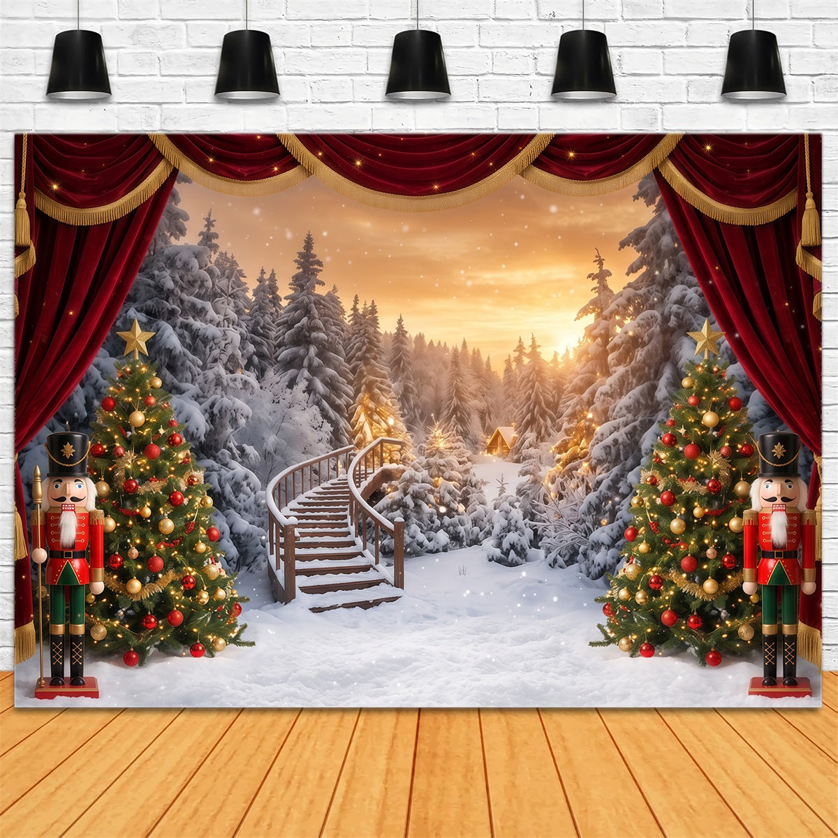 Weihnachtlicher Themenhintergrund Verschneite Winterwald-Bühne Nussknacker RR610-109