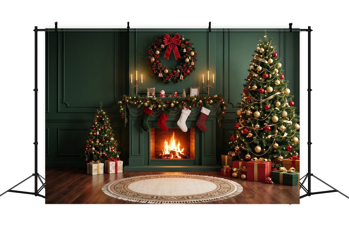 Weihnachtskamin-Hintergrund Immergrüne Tannen Weihnachtssocken Kranz RR610-110