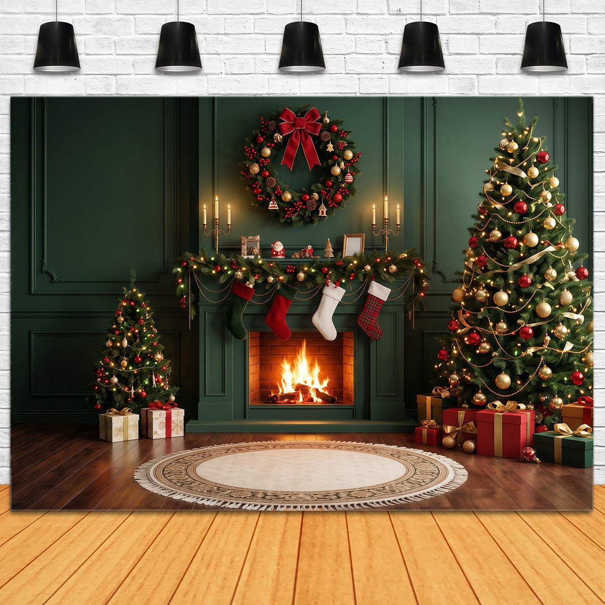 Weihnachtskamin-Hintergrund Immergrüne Tannen Weihnachtssocken Kranz RR610-110
