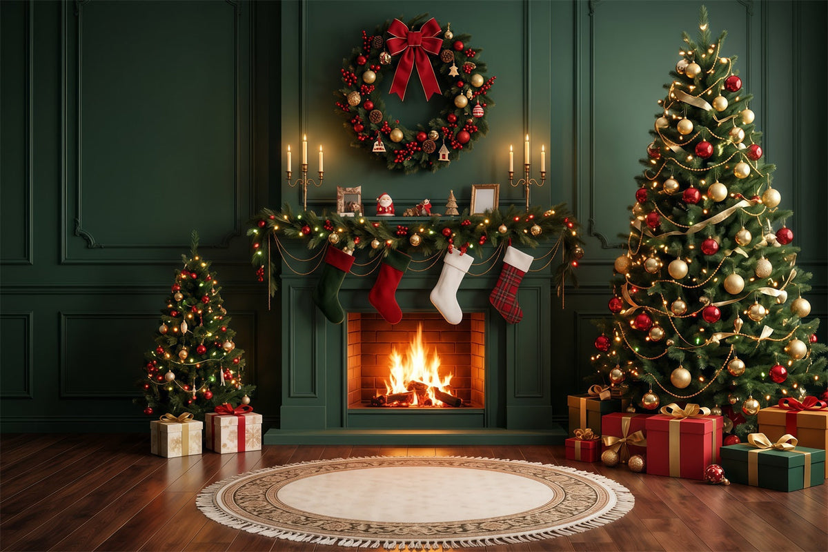 Weihnachtskamin-Hintergrund Immergrüne Tannen Weihnachtssocken Kranz RR610-110