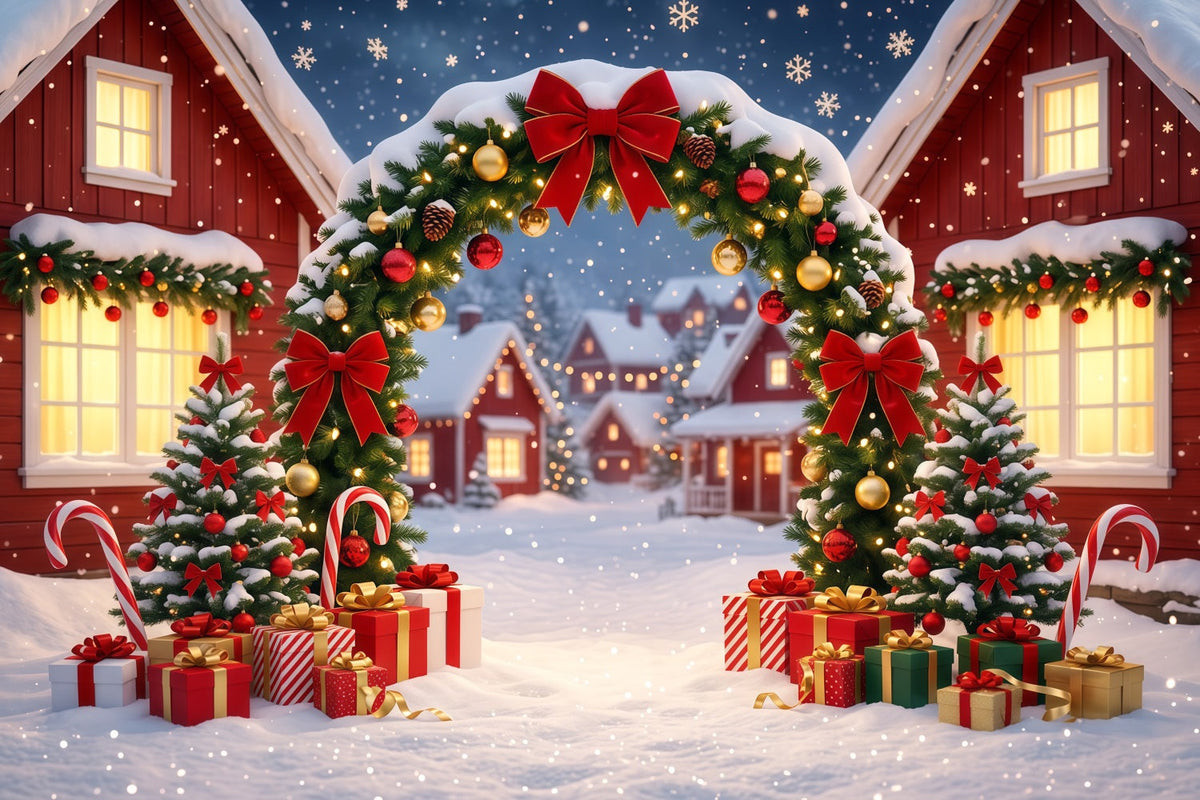 Weihnachtsdorf-Hintergrund Verschneiter Kranz Hausbogen RR610-112