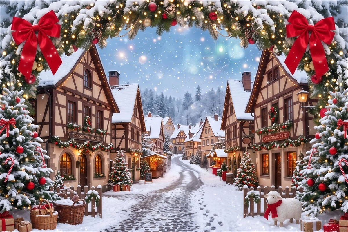 Weihnachtsdorf-Hintergrund Verschneites Haus Girlandenbogen RR610-114