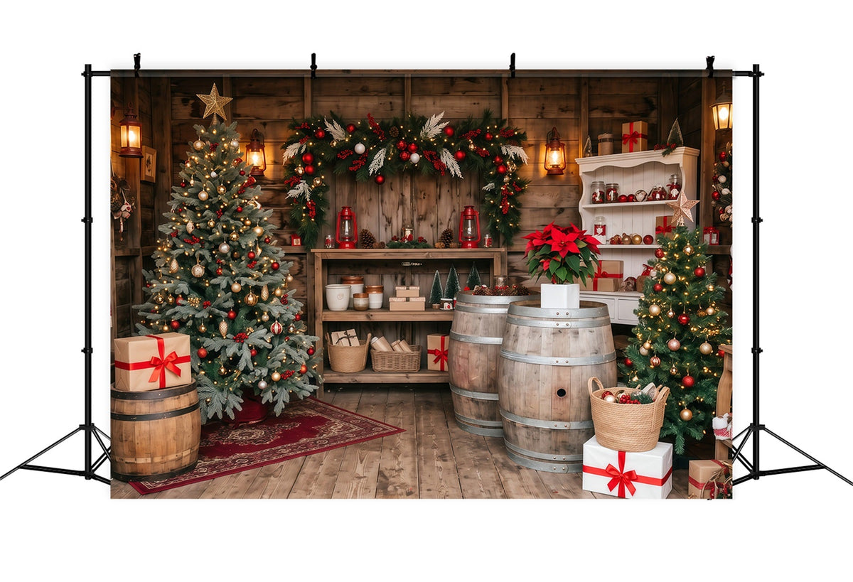 Weihnachtsladen-Hintergrund Rustikale Hütte Immergrüne Tannen RR610-115