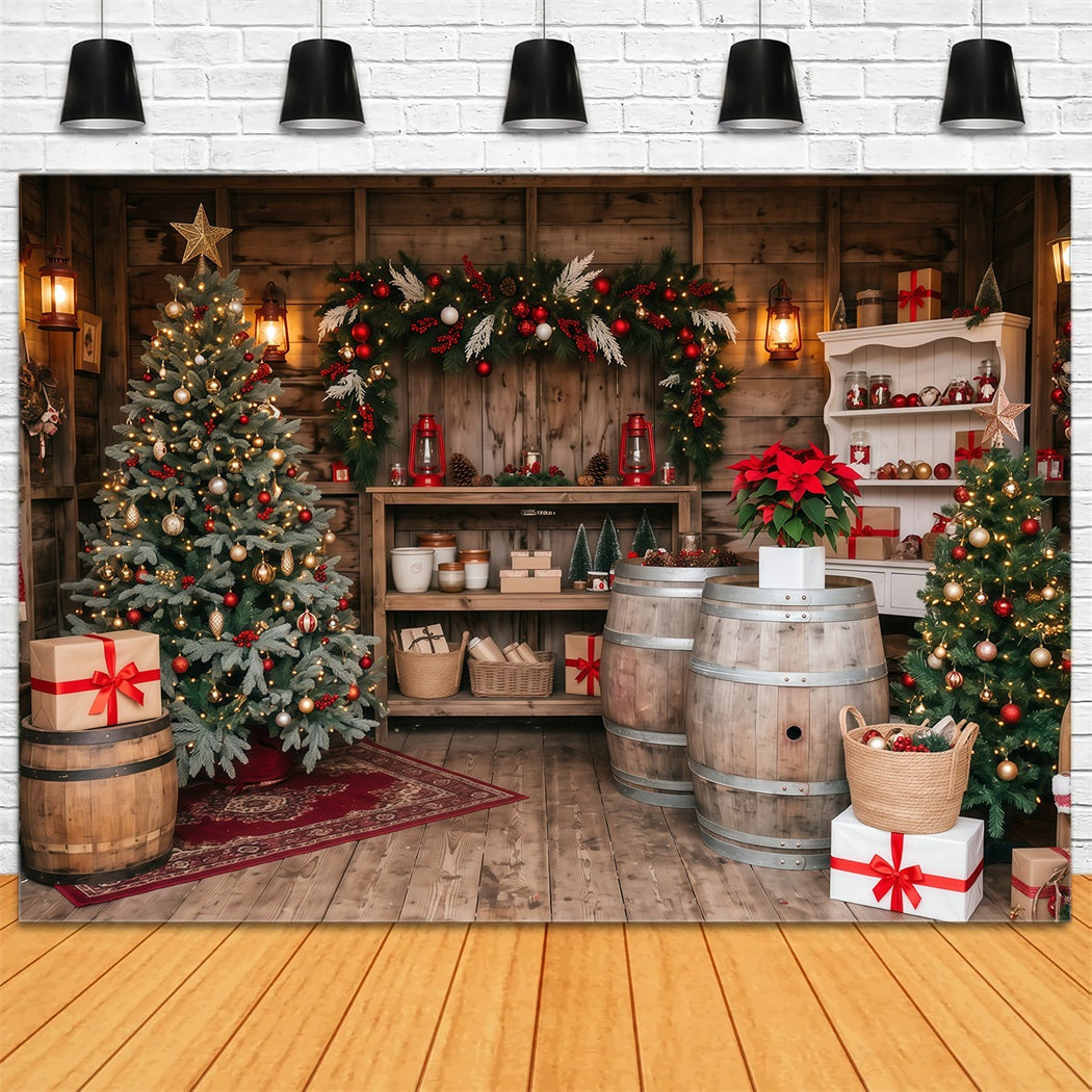 Weihnachtsladen-Hintergrund Rustikale Hütte Immergrüne Tannen RR610-115