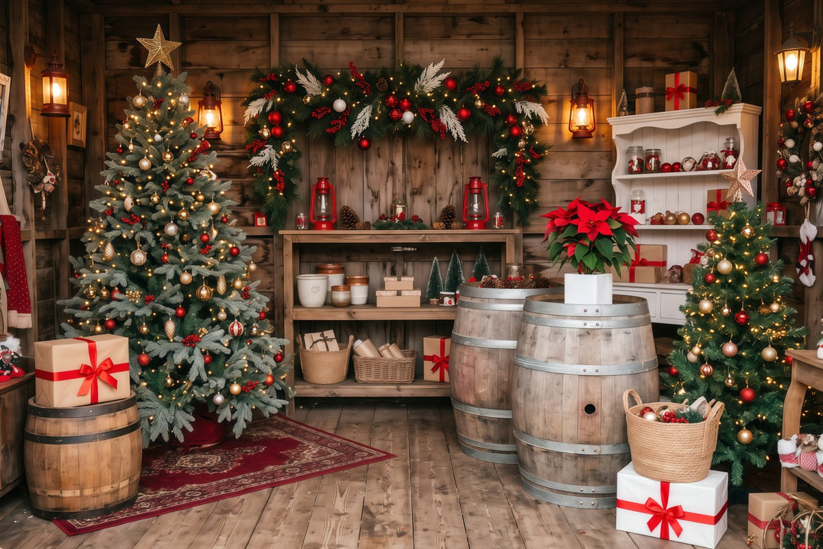 Weihnachtsladen-Hintergrund Rustikale Hütte Immergrüne Tannen RR610-115