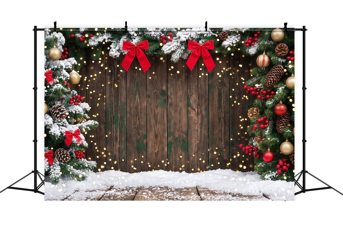 Weihnachtlicher Hintergrund Bokeh Verschneite Immergrüne Holzelemente RR610-116