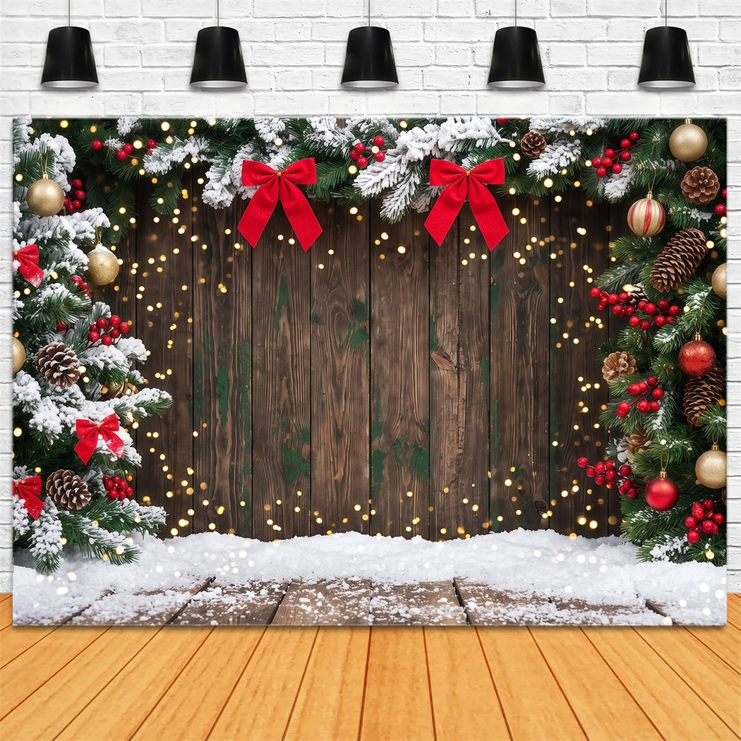 Weihnachtlicher Hintergrund Bokeh Verschneite Immergrüne Holzelemente RR610-116
