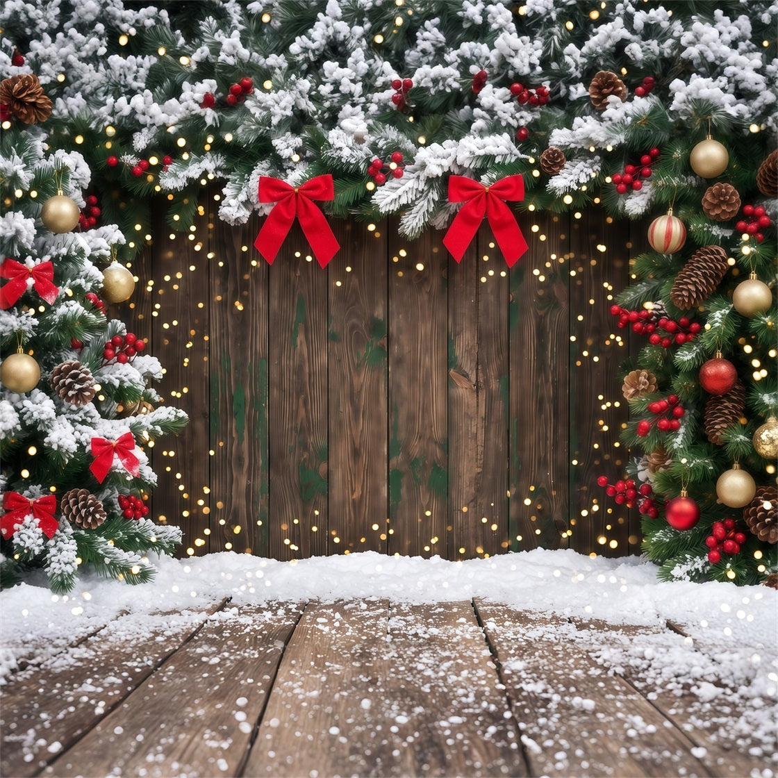 Weihnachtlicher Hintergrund Bokeh Verschneite Immergrüne Holzelemente RR610-116