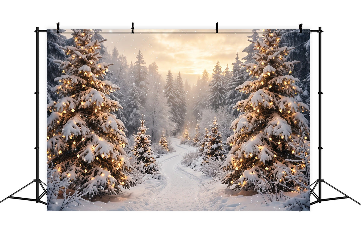 Weihnachtswald-Hintergrund Goldenes Licht Verschneite Bäume RR610-117