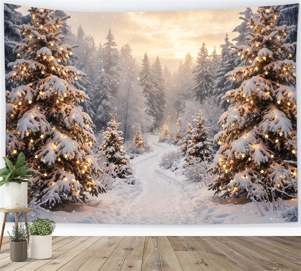 Weihnachtswald-Hintergrund Goldenes Licht Verschneite Bäume RR610-117